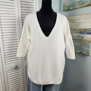 Maglione Express S bianco costina maglia cotone manica dolman profondo V vestibilità oversize - Foto 1 di 7