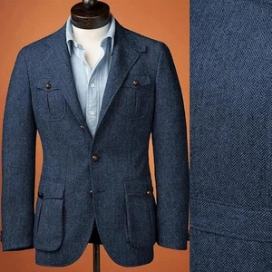 Men Blue Herringbone Tweed Vintage Check Retro Blazer Groom Tuxedo Wedding Suit - Picture 1 of 11