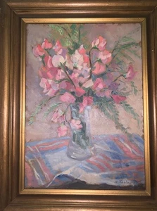 Original ‘58 MCM Signed A Teslar Pink Flowers Still Life 13.25”W 17.25”T Framed - Picture 1 of 13