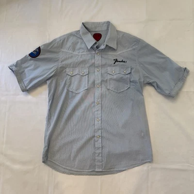 Camisa Fender Manga Corta Garaje Azul Claro Bordada Cuello Abotonado Talla L Foto 1 de 4