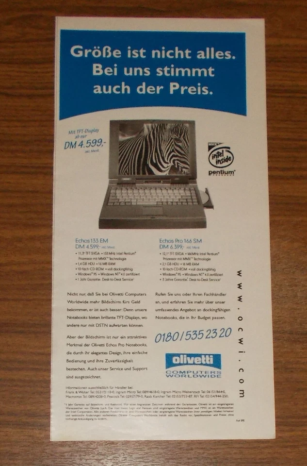 Seltene Werbung OLIVETTI ECHOS 133 EM 166 SM Notebook Portable Computer 1998 - Image 1 of 1