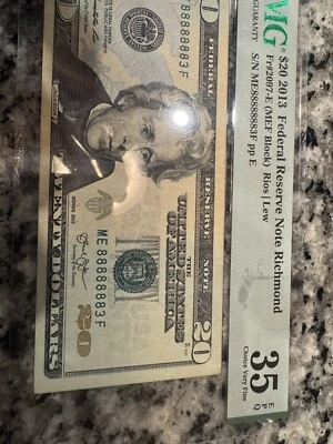 SEVEN OF A KIND 8s  $20 Dollar Bill Near Solid 2013 Fancy Number 88888883 Pmg 35 - Image 1 of 2