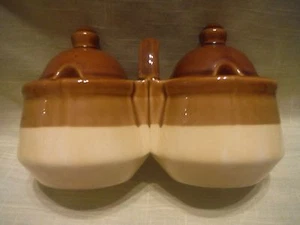VTG STONEWARE DOUBLE CONDIMENT DISH Browns & Beiges, no spoons,decorate for fall - Picture 1 of 10