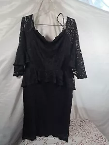 Vintage 80er schwarz Spitze Midikleid XXL Rüschen Cocktail Abend Stretch Rory USA - Bild 1 von 11