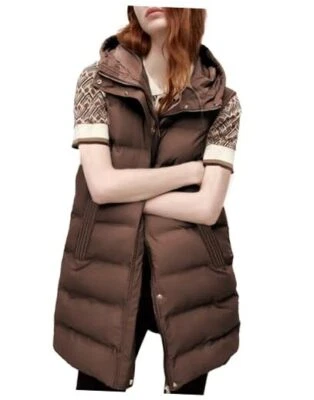  Chaleco acolchado largo de algodón sin mangas para mujer chaqueta hinchada con marrón medio Foto 1 de 4