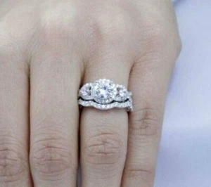 1.85Ct White Round CZ Engagement Wedding Ring Set Solid 925 Sterling Silver - Picture 1 of 5