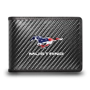 Ford Mustang USA Flag Black Real Carbon Fiber Leather RFID Block Bi-fold Wallet - Picture 1 of 5
