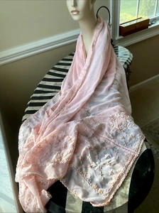Vintage Sheer Silk Wrap Pashmina Hand Beaded Craft Artsy OOAK XXL Dupatta - Picture 1 of 24