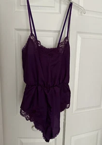 Vintage Rouge Lila Teddy Polyester Spitzenborte hoch geschnittene Beine Größe Large - Bild 1 von 7