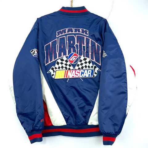 Vintage Mark Martin #6 Nutmeg Racing Nylon Bomber Jacket Size Large Blue Nascar Cover