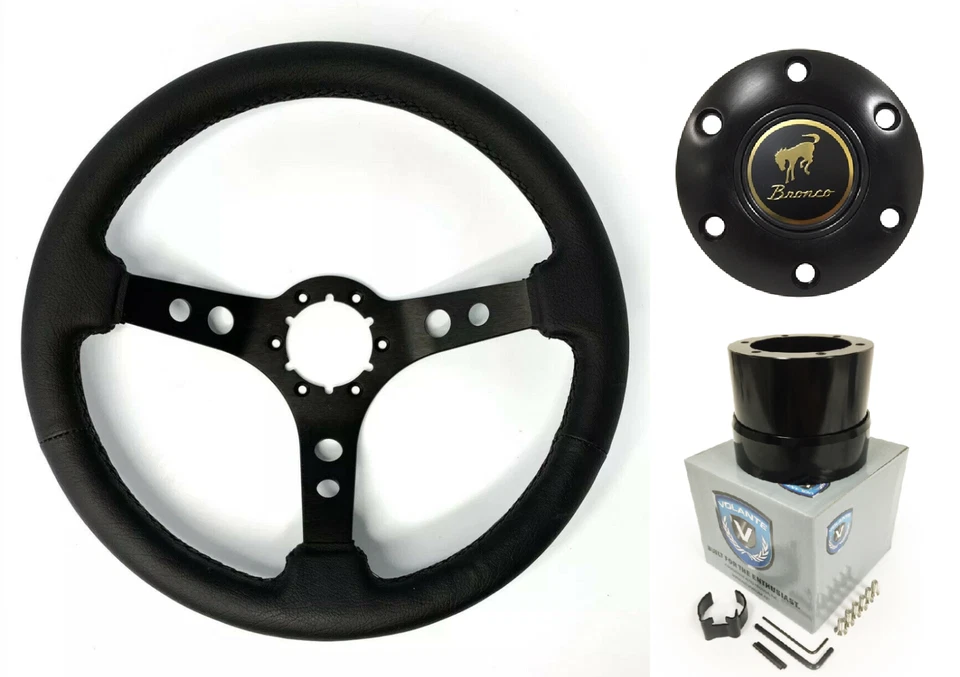 Black Steering Wheel w/ Horn Button & Adapter For 1966-1972 Ford Bronco - Image 1 of 4