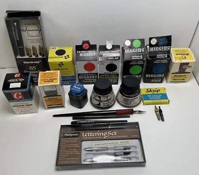 Lote de dos juegos de bolígrafos y once botellas de tinta de caligrafía vintage Foto 1 de 4