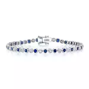 Bracciale Tennis Oro Bianco 14K Zaffiro Blu Diamanti Lunetta Set Naturale 2,58 CTW - Foto 1 di 3