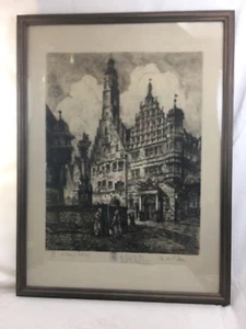 Orig. 1911 signed Prof. Otto F. Probst Rathaus Rothenburg Etching Framed 25"x18" - Picture 1 of 12