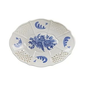 Home Interiors Blue and White Fruit Bowl Footed Floral Serving Bowl 2002 - Picture 1 of 8