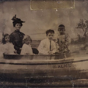 Family Riding Studio Boat Tintype c1870 Antique 1/6 Plate Photo Vintage Boy K438 - Picture 1 of 6