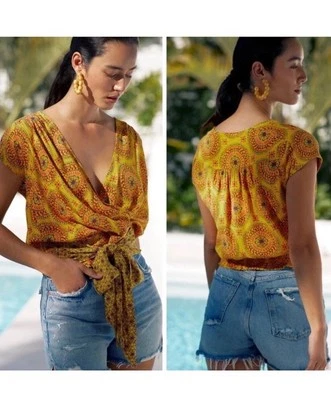 Anthropologie Maeve Cap Sleeved Blouse in yellow print size small - Image 1 of 4