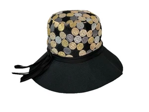 VTG 60s Evelyn Varon Polka Dot Hat Black Metallic Bucket Wide Gold Silver Bow XS - Picture 1 of 8