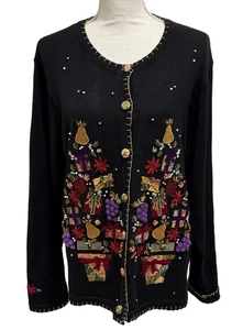 Vintage Victoria Jones Gr. XL schwarz Weihnachtspullover bestickt Perlen Bäume - Bild 1 von 10