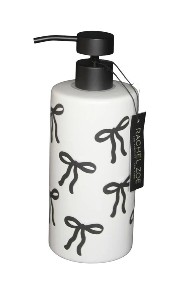 Dispensador de loción de jabón Rachel Zoe grandes cintas negras lazos blanco roto mate 8" nuevo con etiquetas Foto 1 de 1