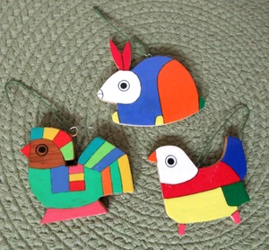 3 handbemalte Volkskunst bunte Ornamente doppelseitig Hase Truthahn Vogel - Bild 1 von 3