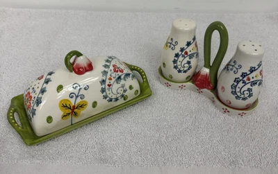 Plato de mantequilla Pier 1 Imports cachemir a juego salero y pimentero usado Foto 1 de 4