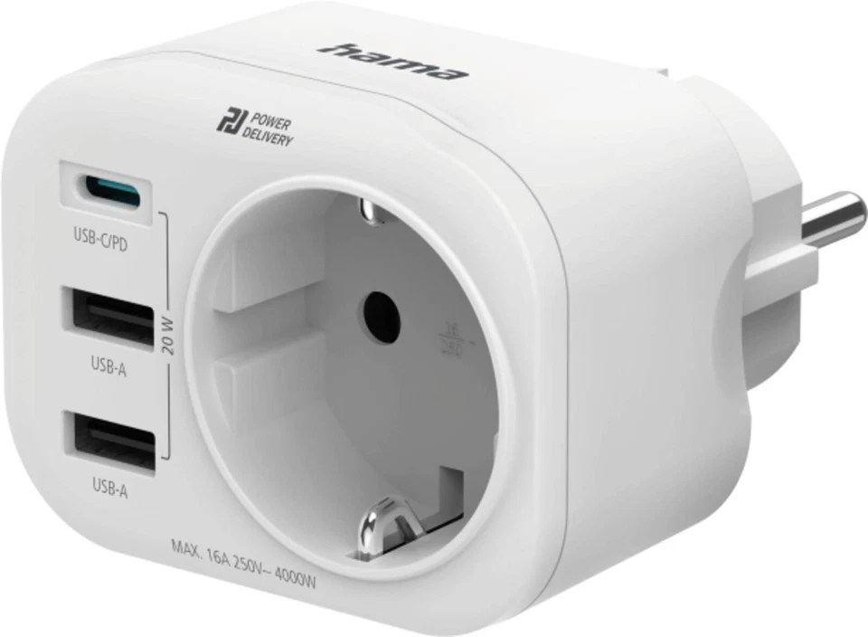 Hama Steckdosenadapter 223342 mit Schuko 1x USB-C 2x USB-A 20W B Ware