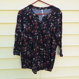 NY Collection Top Womens 1X Black Floral Blouse Forest Fairy Peasant Liquid Knit - Picture 1 of 9