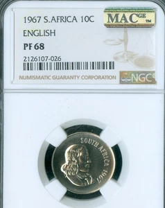 1967 SOUTH AFRICA ENGLISH 10 CENTS NGC PF68 MAC SPOTLESS 2ND FINEST GRADE . - Picture 1 of 2