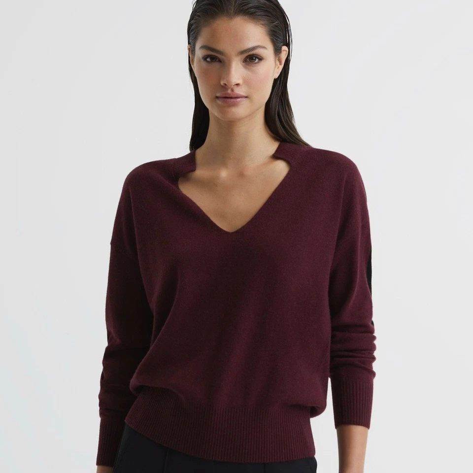 Jersey Reiss Isabella Tejido Cuello en V Mezcla Cachemira Baya/Negro M Foto 1 de 4