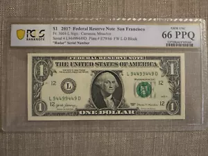 MOLTO RARO - RIPETITORE RADAR BINARIO PALINDROMO 2017 banconota da 1 dollaro L 9449 9449 D - Foto 1 di 17