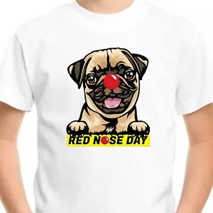 T-shirt Red Nose Day PUG mignon animal de compagnie hommes enfants garçons tee-shirt adulte - Photo 1 sur 3