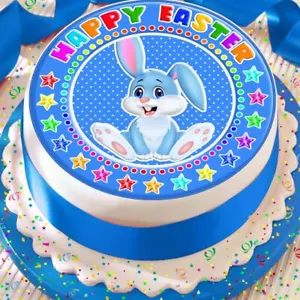 HAPPY EASTER BUNNY BLUE COLOURFUL 7.5 INCH EDIBLE CAKE TOPPER - Picture 1 of 2