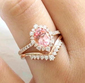 Wedding Bridal Ring Set 3.50Ct Created Halo Pink Sapphire 14K Rose Gold Finish - Picture 1 of 3