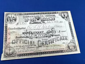 1912 & 1913 I.O.O.F. Jahresbeiträge Zertifikat Brattleboro, VT Wantastiquet Lodge - Bild 1 von 20