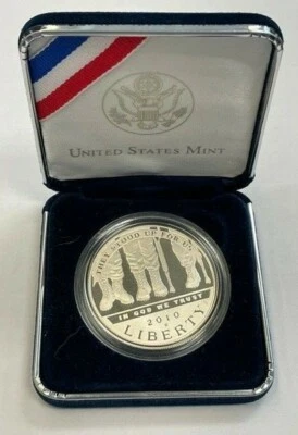 2010 W US American Veteran Disabled for Life Uncirculated Silver Dollar W/ Box - Image 1 of 4