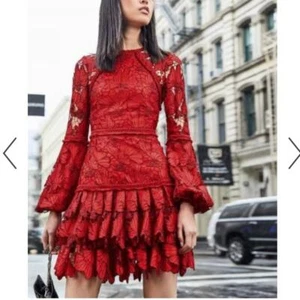 Alexis Fransisca Kleid Scharlachrot Spitze Blumen Stufen Stickerei Blousonärmel M - Bild 1 von 15