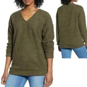 Caslon Womens Green Shearling Teddy V-neck Sweater Size Large A71 - Picture 1 of 5