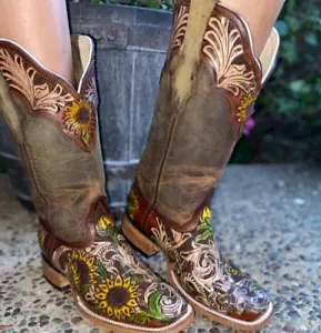 Las Girasoles rústicas /Rustic sunflower hand tooled leather boots Size 6 - Picture 1 of 6