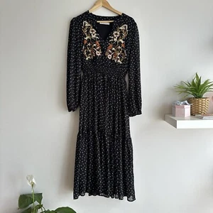 Rusttydustty Size L Black Embroidered Long Sleeve Bohemian Dress - Picture 1 of 10