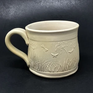 Artisan Pottery Mug Embossed Dragonflies Butterflies Ivory Cream Matte Signed - Picture 1 of 9