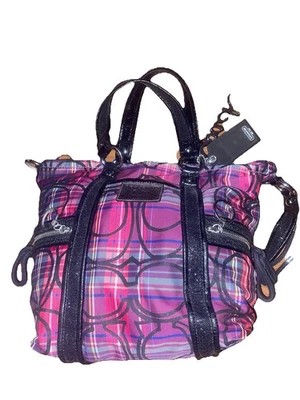 Raro Bolso de Mano Coach Amapola Púrpura Logo Firma Tartán Graffiti Glamour Foto 1 de 4
