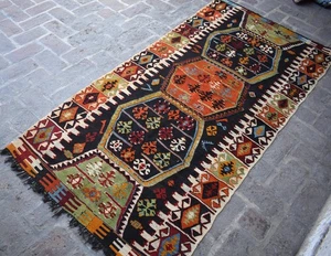 Antique Caucasian Tribal Wool Kilim Rug 4x7 Black Handwoven Geometric Area Rug - Picture 1 of 11