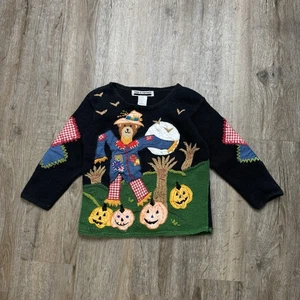 Vintage Halloween Kids Hand Knit Sweater Scarecrow Bear & Pumpkins Size S (4) - Picture 1 of 10