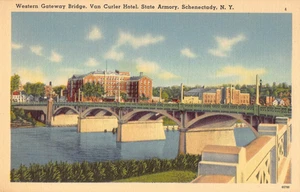 Schenectady, New York Western Gateway Bridge, Van Curler Postkarte Leinen WB Vintage - Bild 1 von 2