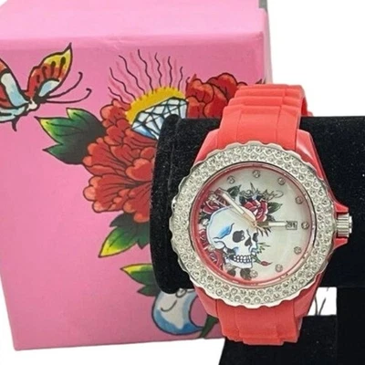 NIB Ed Hardy Love Kills Slowly Watch Swarovski Crystals & Red Pink Band Y2K - Image 1 of 4