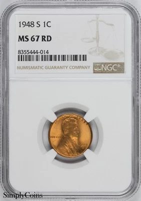 1948-S Lincoln Wheat Penny NGC MS67 RD BU Uncirculated Cent GEM - Image 1 of 2