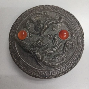 Antigua caja de maquillaje china antigua 2 piedras, 2 dragones plata sobre cobre - Imagen 1 de 5