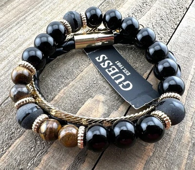 Juego de 3 brazaletes de cadena trenzada negra y dorada apilados GUESS NUEVO CON ETIQUETAS unisex Foto 1 de 4