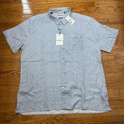 Barbour Shirt Mens Large Blue Spot Short Sleeve Linen Blend Casual Pocket Summer - Image 1 of 4